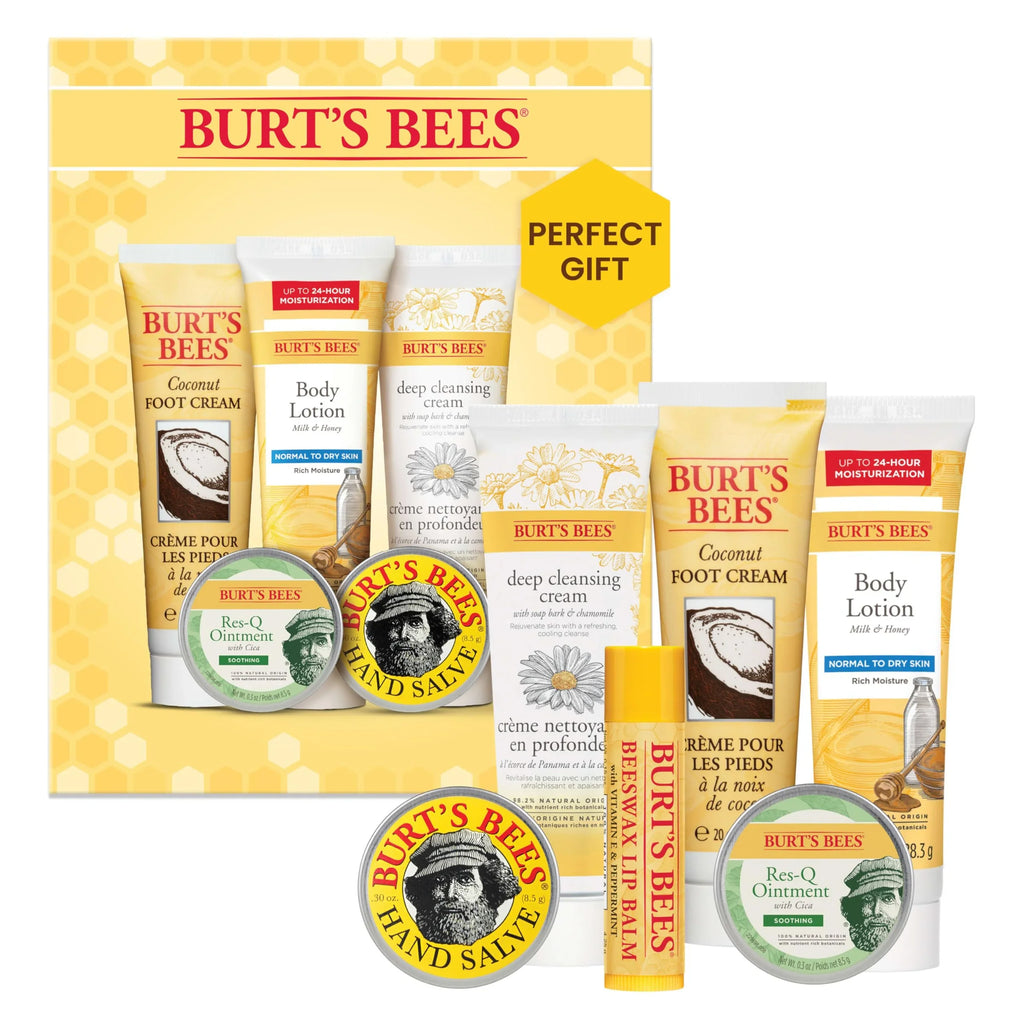 Burt's Bees Timeless Minis Kit with Coconut Foot Cream, Milk & Honey Body Lotion, Sizeoap Bark & Chamomile Deep Cleansing Cream, Res-Q Ointment, Hand Sizealve and Beeswax Lip Balm