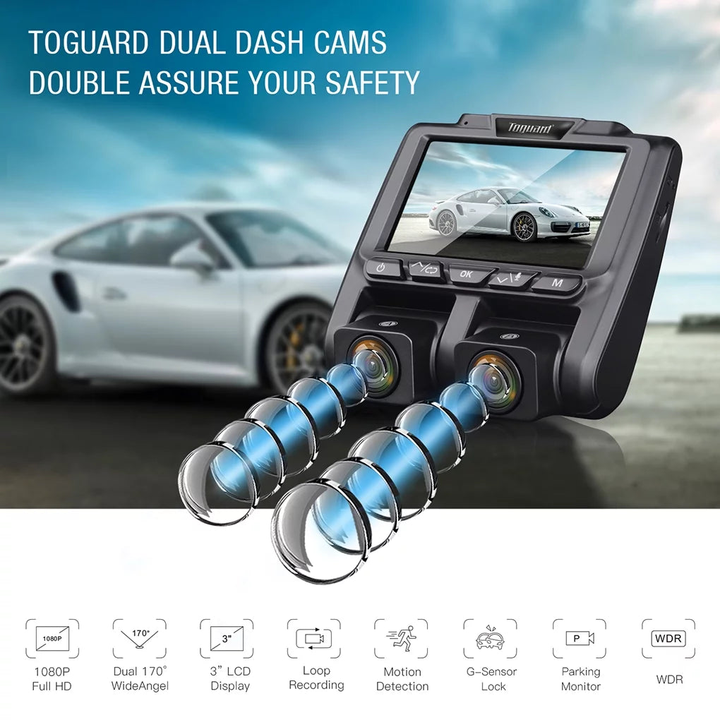 Full Dash TOGUARD Black HD LCD Camera 3" and Car Dashboard Dual Dash Cams 1080P+1080P Inside Camera Cam, Front