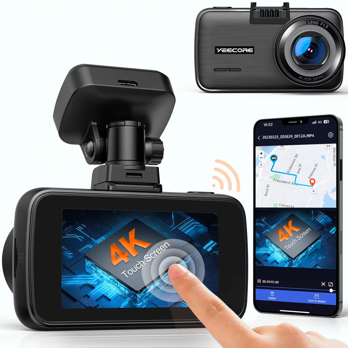 Dash Mini Car with 2160P WiFi Dash UHD G-Sensor, Inch, Cars Max GPS, Monitor, YEECORE Recording, Camera 4K HDR, Front, Vision, Super Screen for Support Loop Parking Touch Night Camera 256GB Cam, 2.45