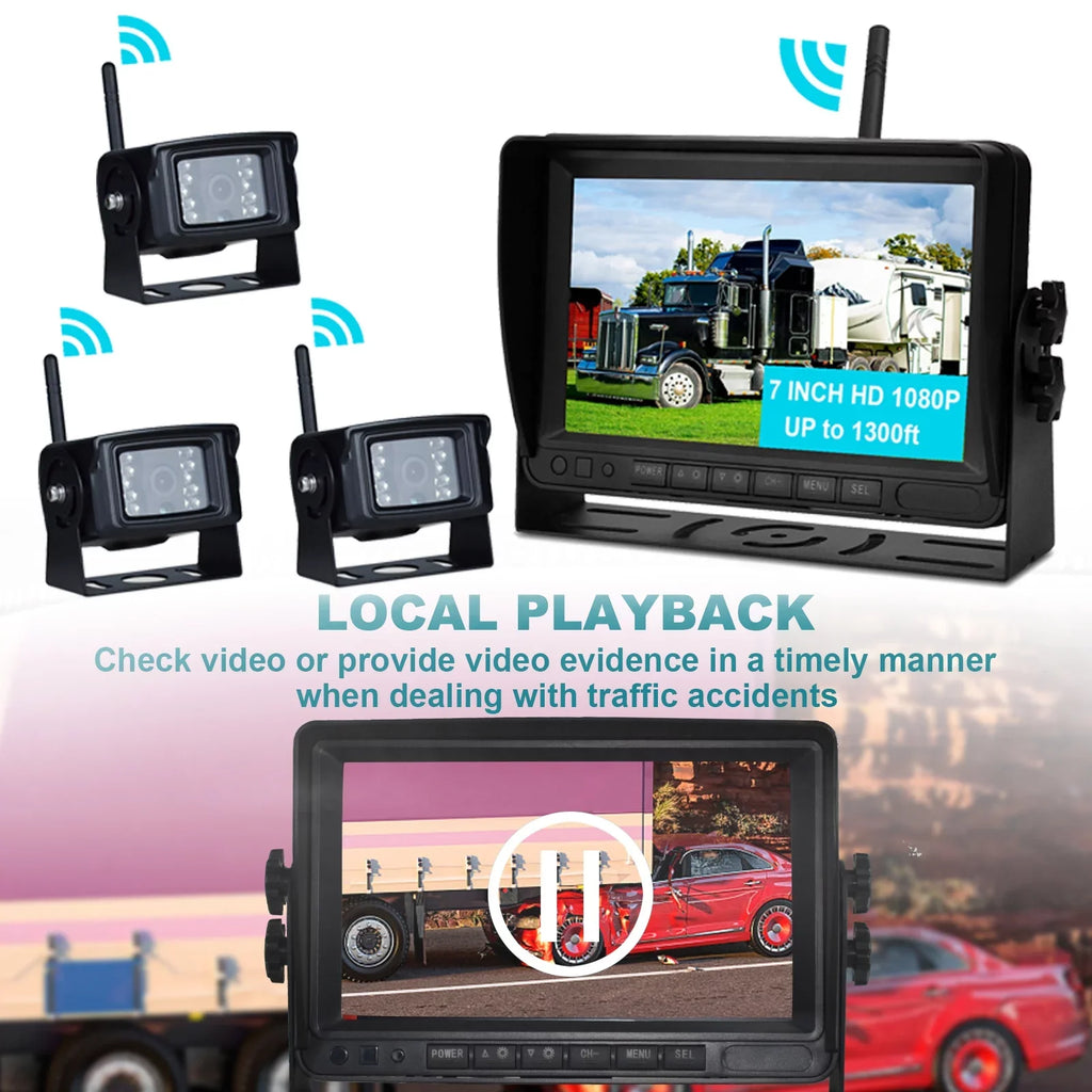Kit 1080P for Camera 7" Truck Rear Trailer 3CH Wireless Backup View Display AHD