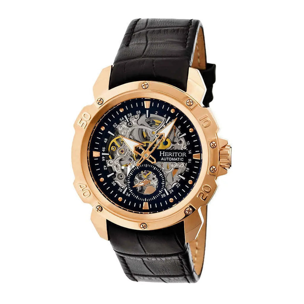 Leather Heritor Dial Men's Rose Watch HR2506 Gold-tone Skeleton Black Steel Stainless Case Carter Black