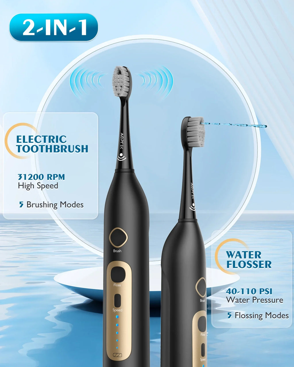 Days - for Levels liquid Flosser 5 AGPTEK in & Electric 500ML, Gums, and 2 Toothbrush liquid Life, Battery 14 Braces Sonic IPX7 with Flosser Combo, Waterproof Teeth, Cordless Toothbrush 1