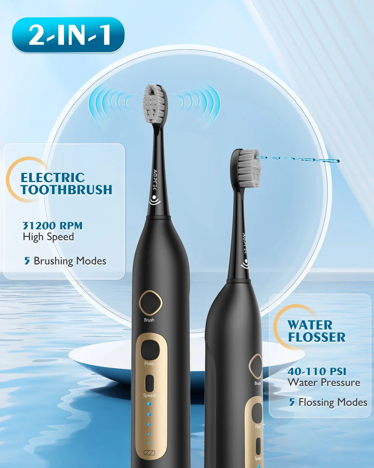 Days - for Levels liquid Flosser 5 AGPTEK in & Electric 500ML, Gums, and 2 Toothbrush liquid Life, Battery 14 Braces Sonic IPX7 with Flosser Combo, Waterproof Teeth, Cordless Toothbrush 1