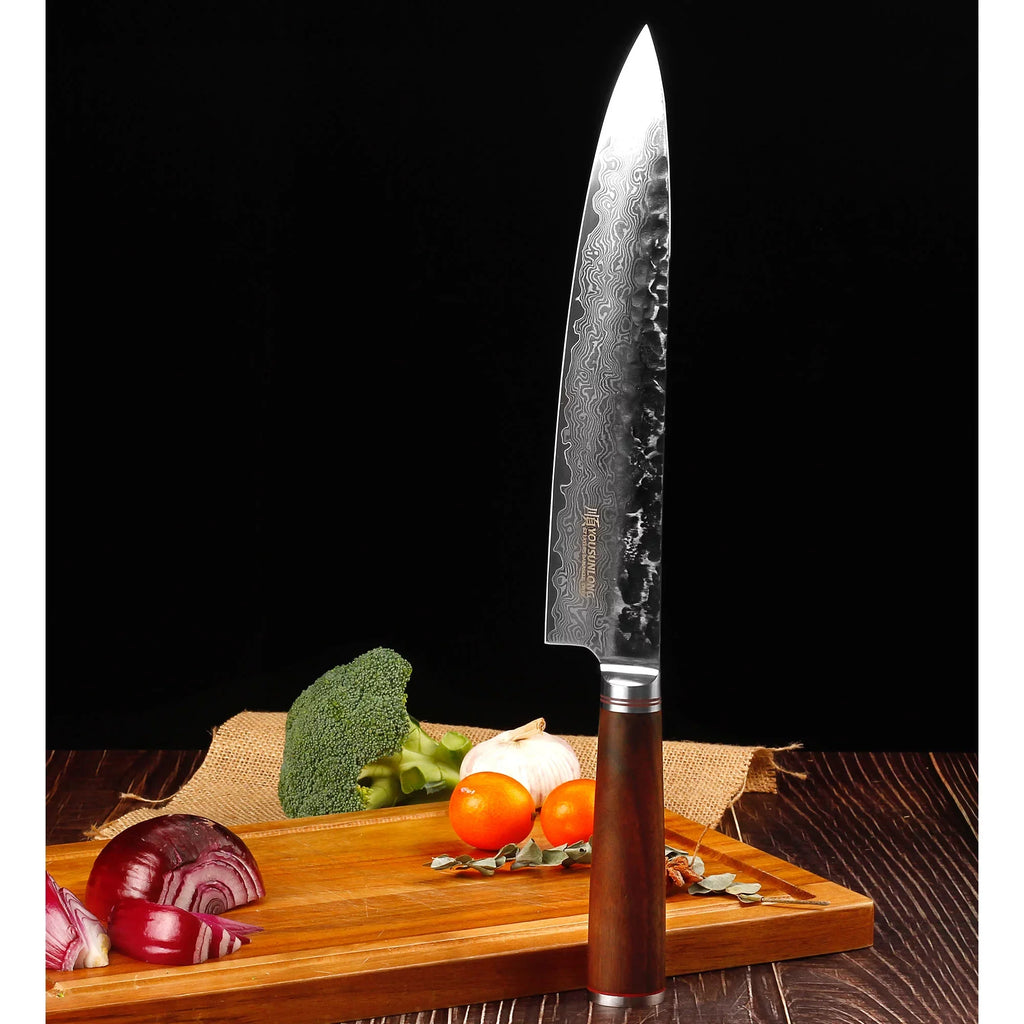 Wooden Sheath Leather inch Walnut Handle Knife YOUSUNLONG 12 Japanese Damascus Hammered Pro Steel Chef with - Gyuto Natural