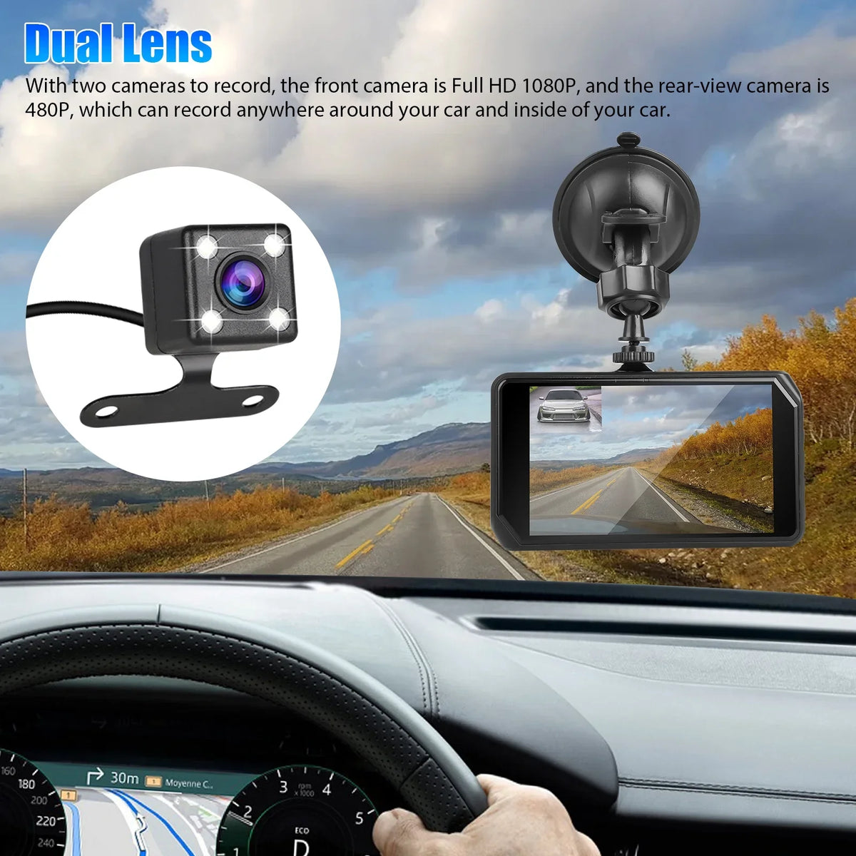 Night Wide Vision, Car 1080P Driving with Angle, Dual Dashboard with and Dash 170° G-Sensor/ Cam, Recorder DVR Dual Dash IPS 480P Car Lens Camera Detection Motion EEEkit Front Rear 4inch Display,