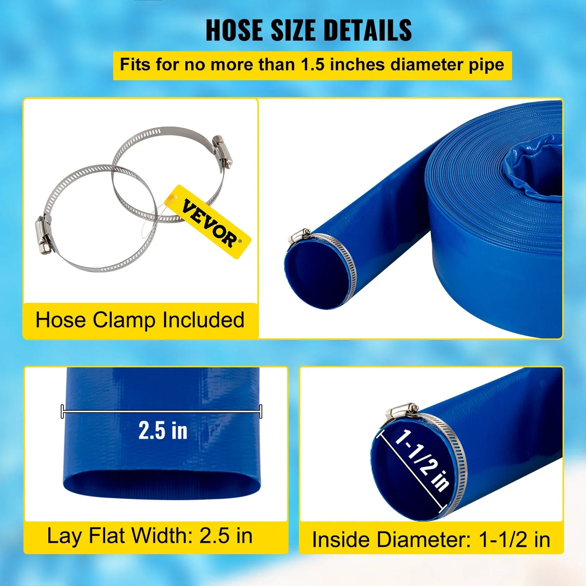 Clamps, Hose x Hose, Transfer Duty Burst-proof, Pool for climate-proof & 1-1/2" 105', Ideal Fabric Lay BENTISM liquid Backwash Heavy with Swimming Drain Discharge Flat PVC Hose, &