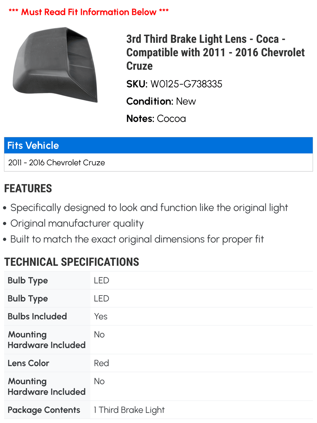 '- Lens 2016 Third - Light Coca 2015 3rd 2011 Cruze Brake - Compatible with 2014 2012 2013 Chevy