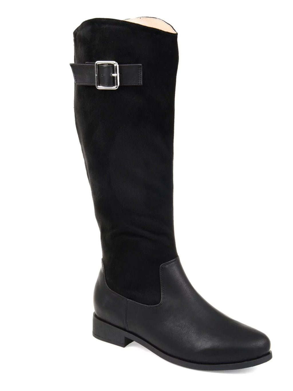 WC 8.5 Buckle Womens JOURNEE Heel Block COLLECTION Boot Riding Black Zip-Up Almond Toe Goring Accent Frenchy Comfort