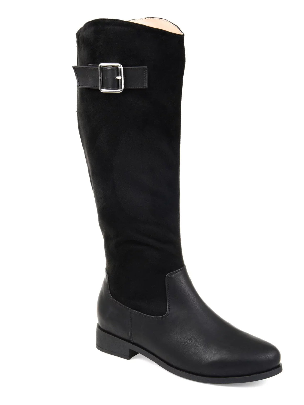 WC 8.5 Buckle Womens JOURNEE Heel Block COLLECTION Boot Riding Black Zip-Up Almond Toe Goring Accent Frenchy Comfort