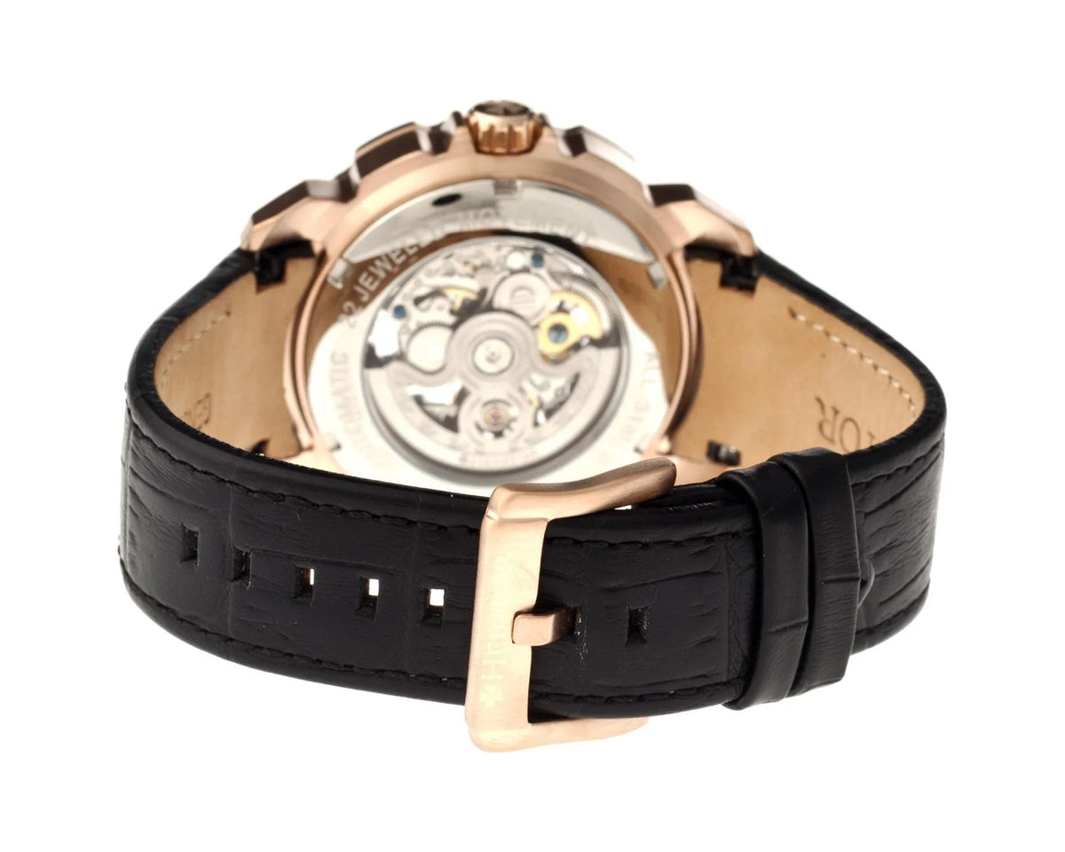 Leather Heritor Dial Men's Rose Watch HR2506 Gold-tone Skeleton Black Steel Stainless Case Carter Black