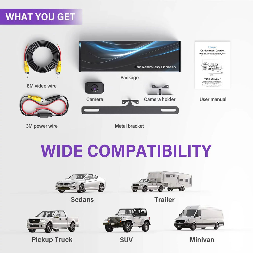 HD License Camera, SUV Front Car eRapta Reverse ERT11 Truck Camera Rear for Camera Pickup RV Van View Rear Plate Backup