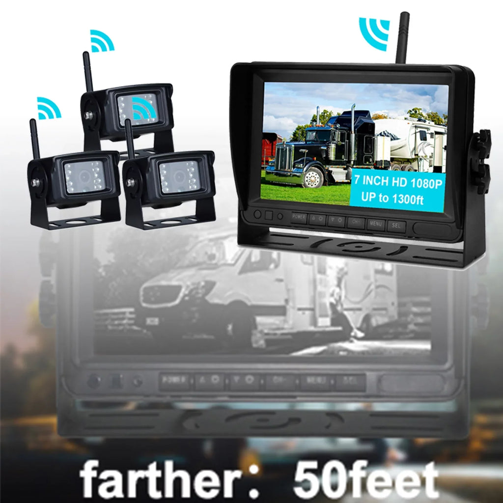 Kit 1080P for Camera 7" Truck Rear Trailer 3CH Wireless Backup View Display AHD