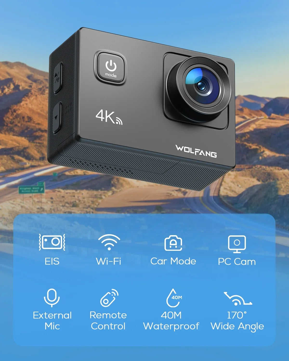 40M Stabilization Cam 20MP Video WiFi 4K Underwater WOLFANG 170� Camera Action EIS Action Waterproof Camera Camera