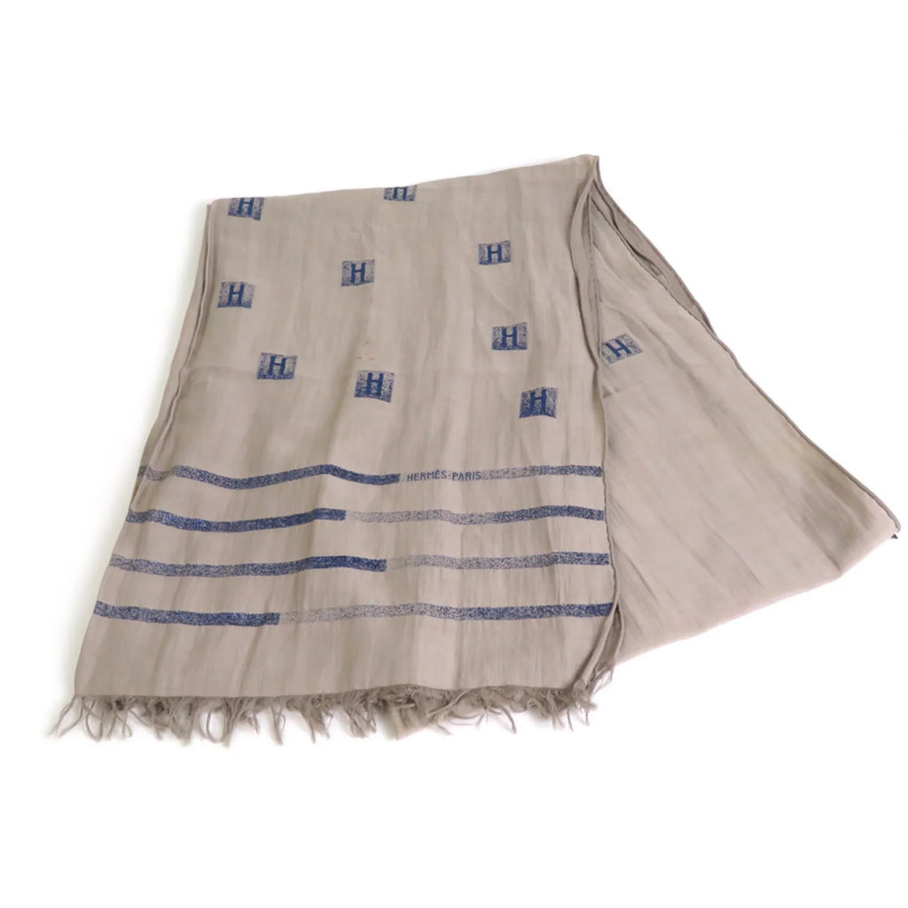 Greige/Blue Hermes Logo Cotton/Silk/Polyester Pre-Owned HERMES (Good) Shawl Scarf H Unisex e55881a