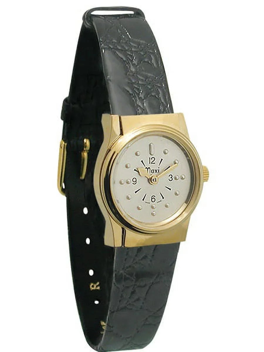 Gold Watch Leather Band Ladies Braille with Tone Quartz