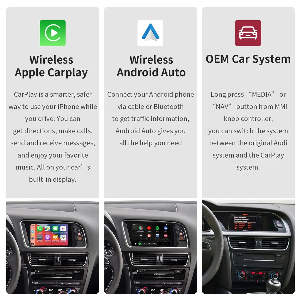 Control,Camera Carplay System,Carplay A5 Q5 RS4 S5 Kit,Mirrorlink,Siri,Navigation,YouTube,Original A4 Auto 3GMMI Ninetom S4 Retrofit for Audi 2008-2015 RS5 Support Android Wireless