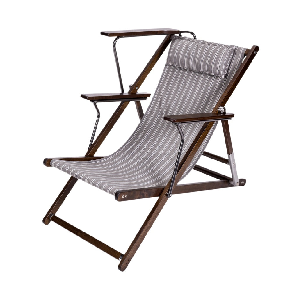 Foldable Wooden Lounge Chair with Striped Fabric and Adjustable Armrests