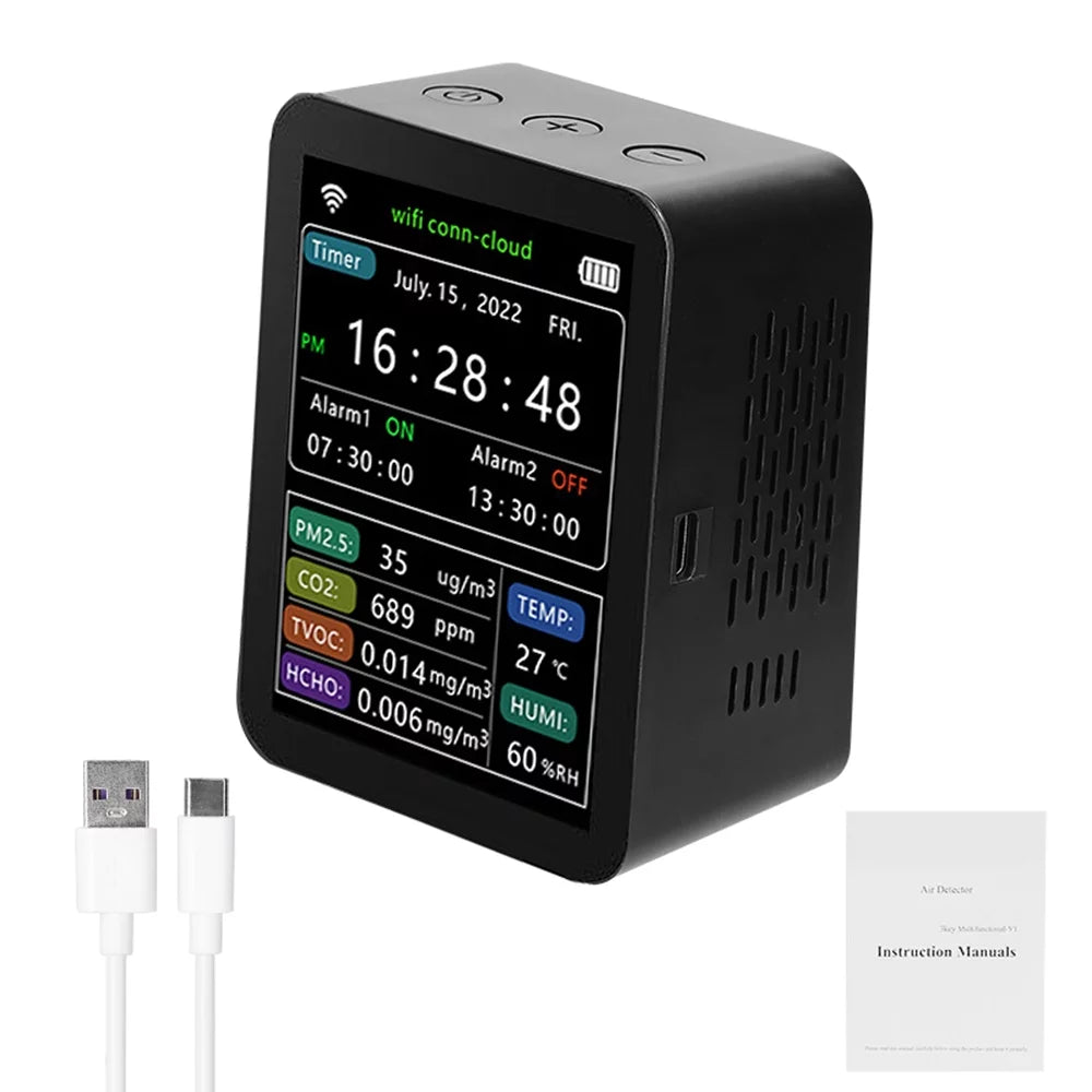 Wifi App Co2 Alarm grade Viewing Intelligent Sets Time Display Mobilephone Week 6 Date Temperature Desk Remotes Indoor 2 1 In Home Tvoc Air Clock Detector Hcho Detector Pm2.5 Humidity