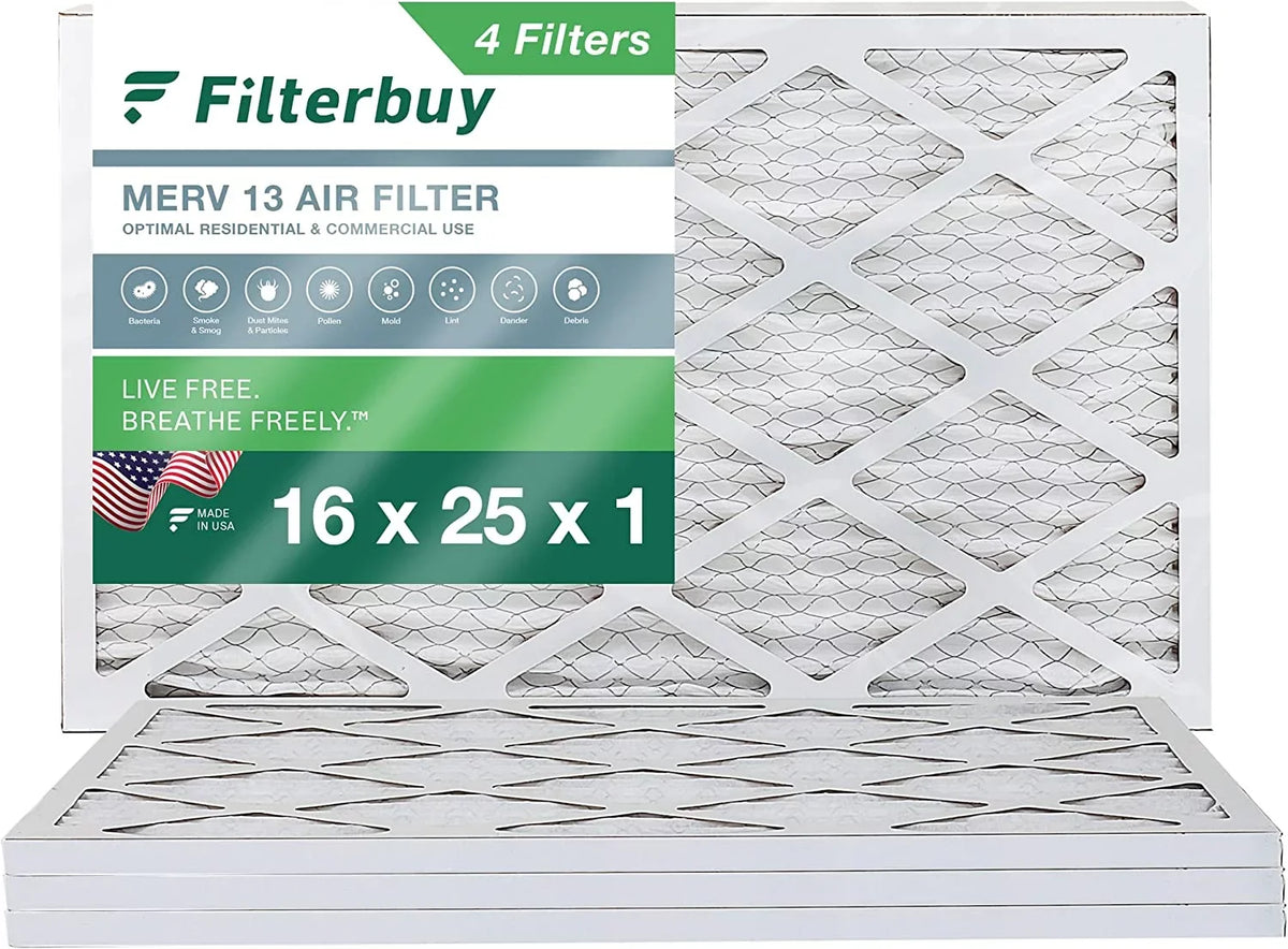 Filterbuy Air HVAC 16x25x1 AC (4-Pack) Pleated Furnace MERV Filters 13