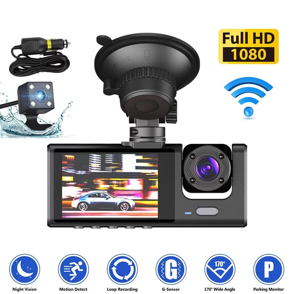 Front/Rear/Inside Lens Dual Car G-sensor Video HD Camera 1080P Kqiang Dash Recorder Cam