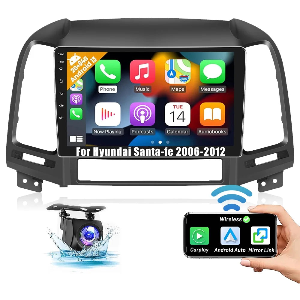 Santa-fe GPS 2006-2012 for WIFI Hyundai Podofo Auto Bluetooth Radio Backup FM USB Android Hifi,AHD Camera 13 Wireless Android Car Link Carplay 2+64G Stereo 9'' Mirror