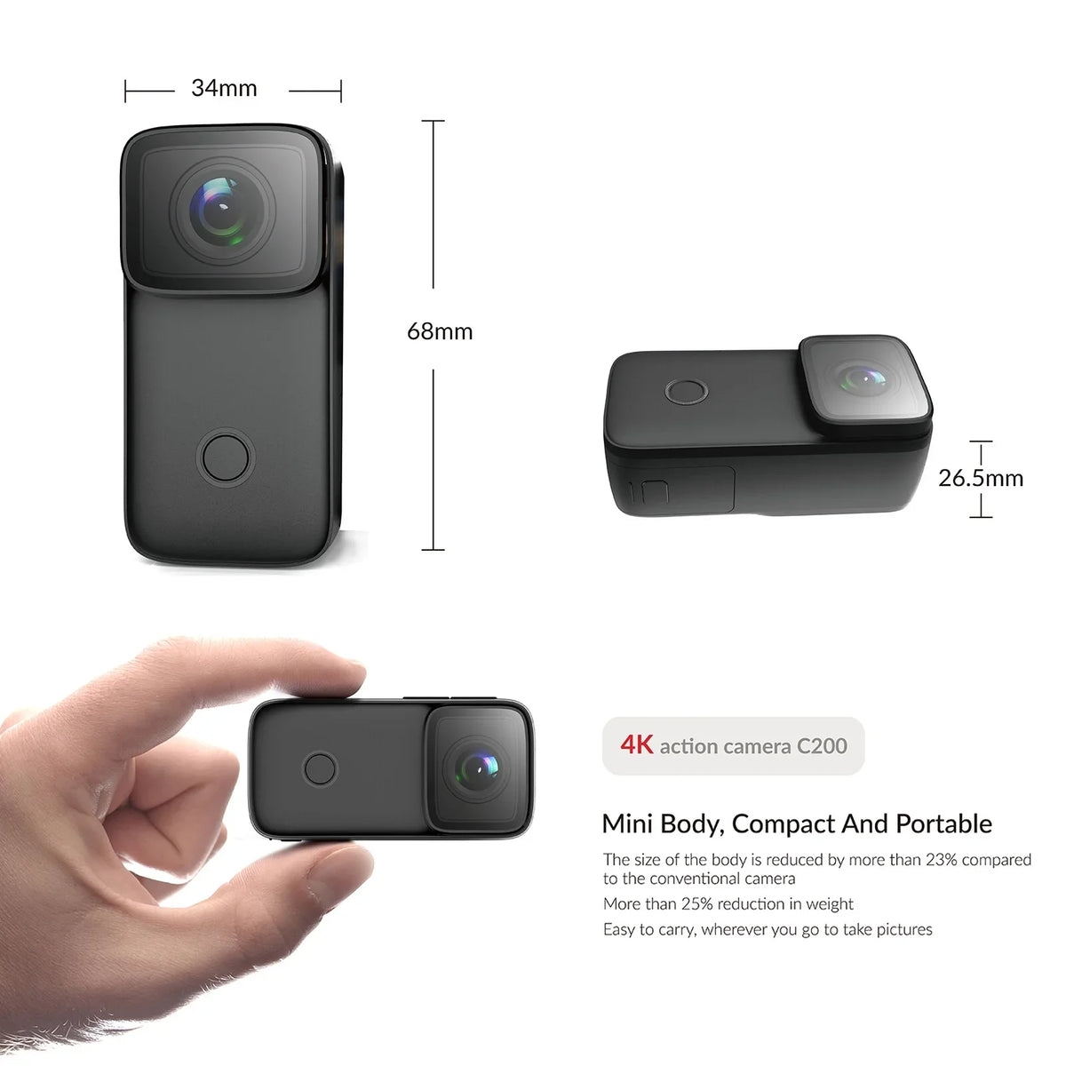 Face IPS Built-in 1.28 WiFi Supports Anti-Shake with 5M Action Recognition C200 Camera Mini 4K SJCAM Battery Vision Screen 6-Axis Night Body Inch Rechargeable Waterproof