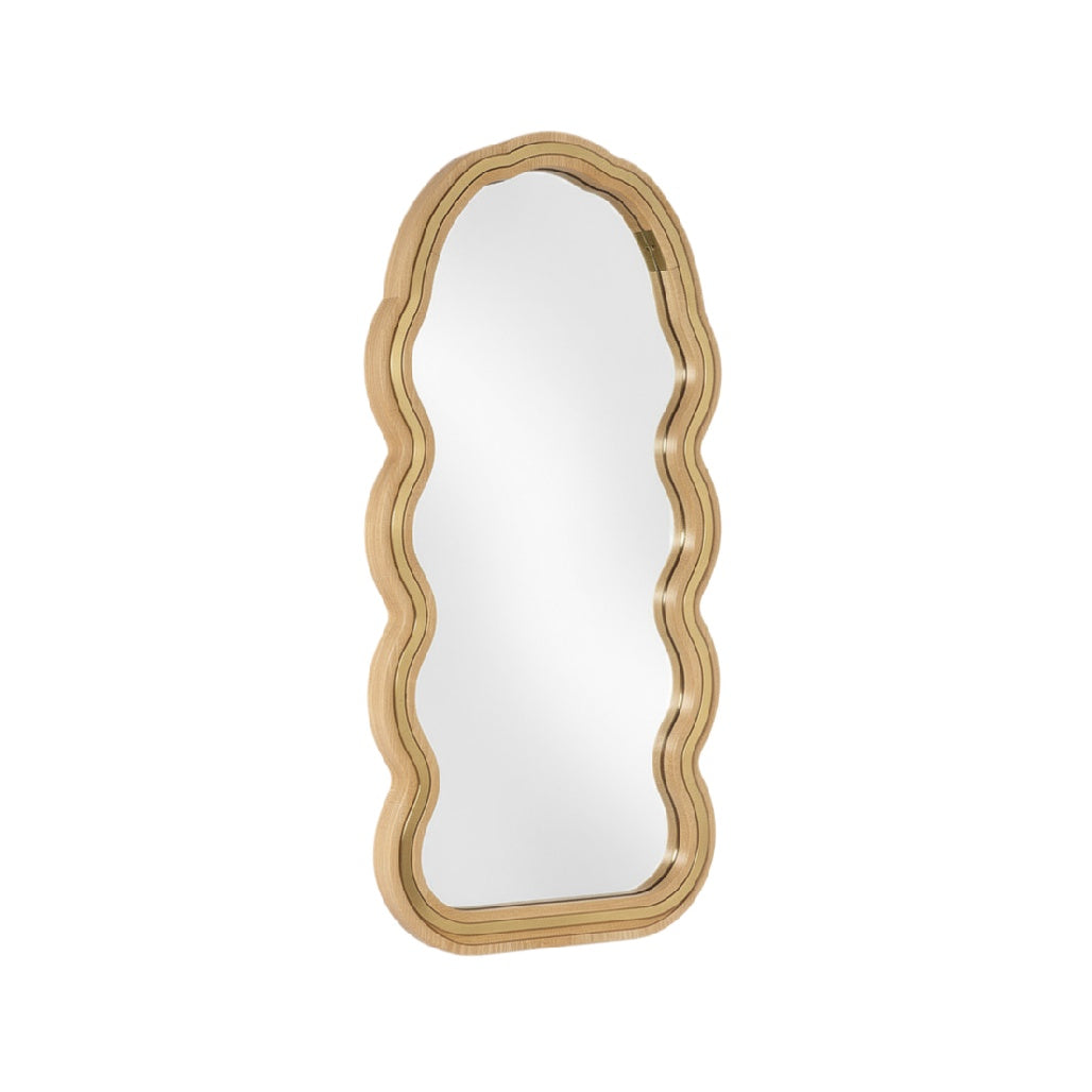 Wavy-Edge Decorative Mirror with Natural Wood Frame