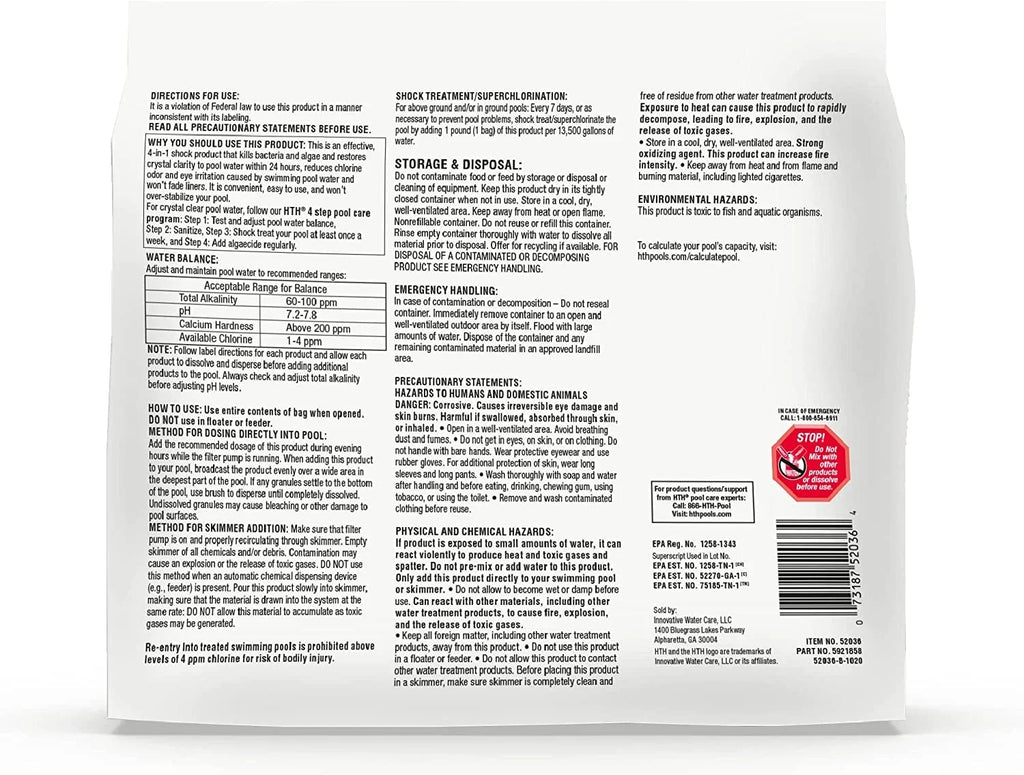 HTH Advanced, Bacteria & Shock Prevents (Pack lb 6) Algae, 1 Cal of Chemical Hypo Care Formula, Pool Pool Swimming