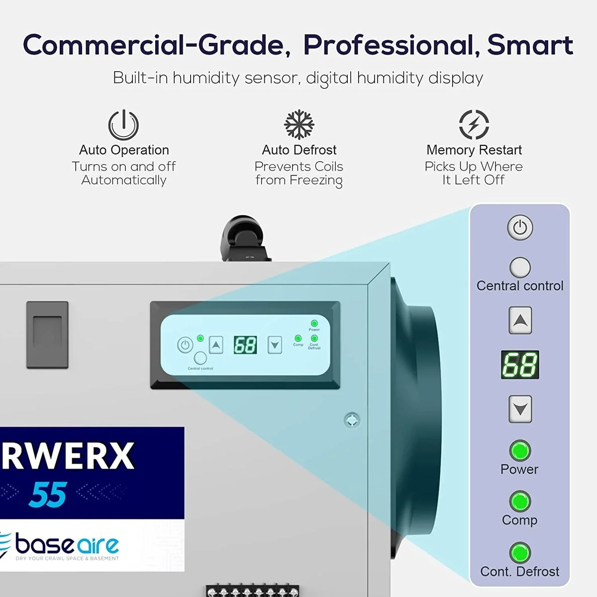 Defrost, Crawl Starting Auto Memory Drain Commercial Refine Pint for Dehumidifier Spaces, 113 Treatment Air with BaseAire Hose Basements,