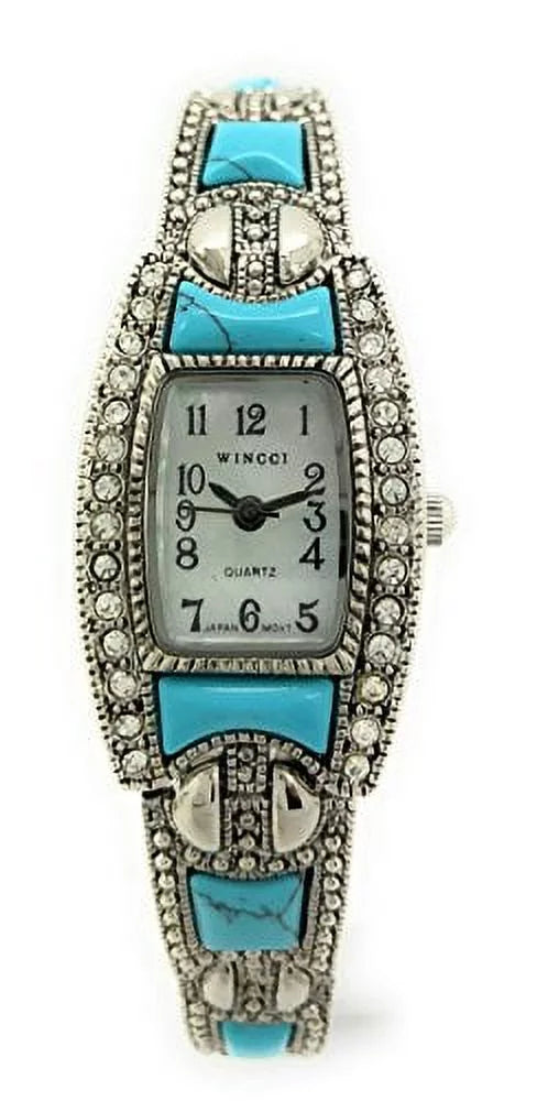 (Silver Watch Turquoise) Link Wincci Fashion Pearl Ladies Stones Dial Metal Square Bracelet