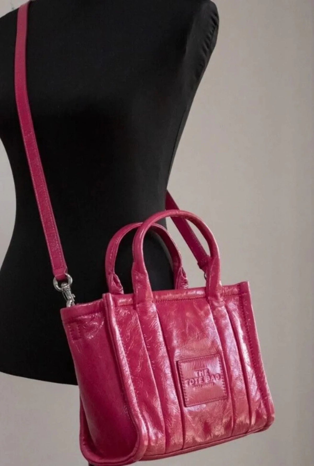 The Purse Jacobs Mini Marc Handbag Tote Crossbody Shiny Leather Crinkle Magenta