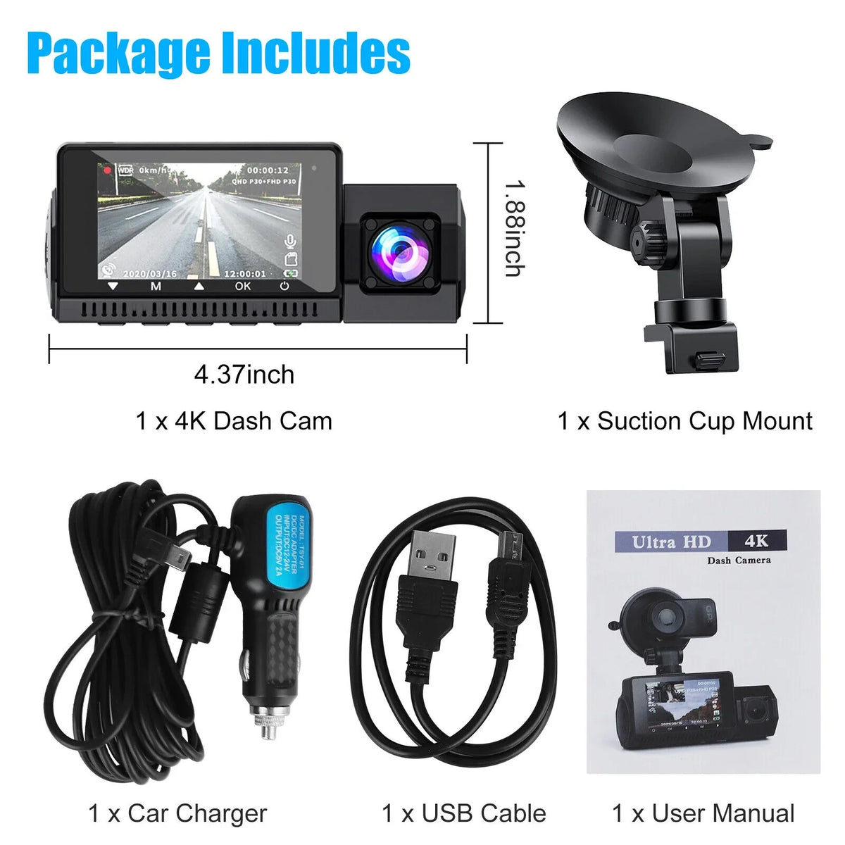 Car Front Dash Recorder UHD Dual Vision DVR GPS Cam 1080P Inside Night 4K Camera