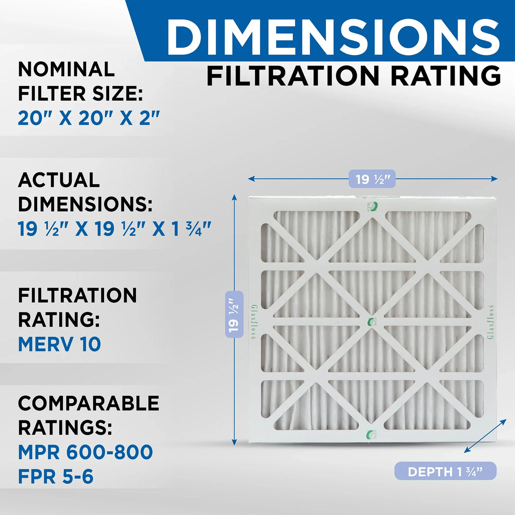 MERV of Box ZL Air 19-1/2 19-1/2 Furnace x Filters. 4. Pleated AC Glasfloss dimension: x Exact 1-3/4 10 20x20x2