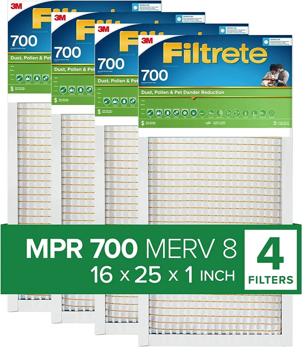 MPR 3-Month 8, Dust, Living 1-Inch 4 Pollen Filters Air Filtrete 700, and 16x25x1 Filter, Clean Pet Filters, Reduction Pleated Dander MERV Air