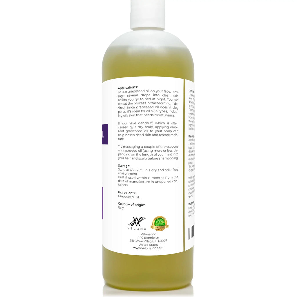 Velona Natural - Body, oz | Face, 32 | 100% Grapeseed Carrier pressed Skin, | Refined, and Cold Hair Care Oil Oil Pure Cooking,