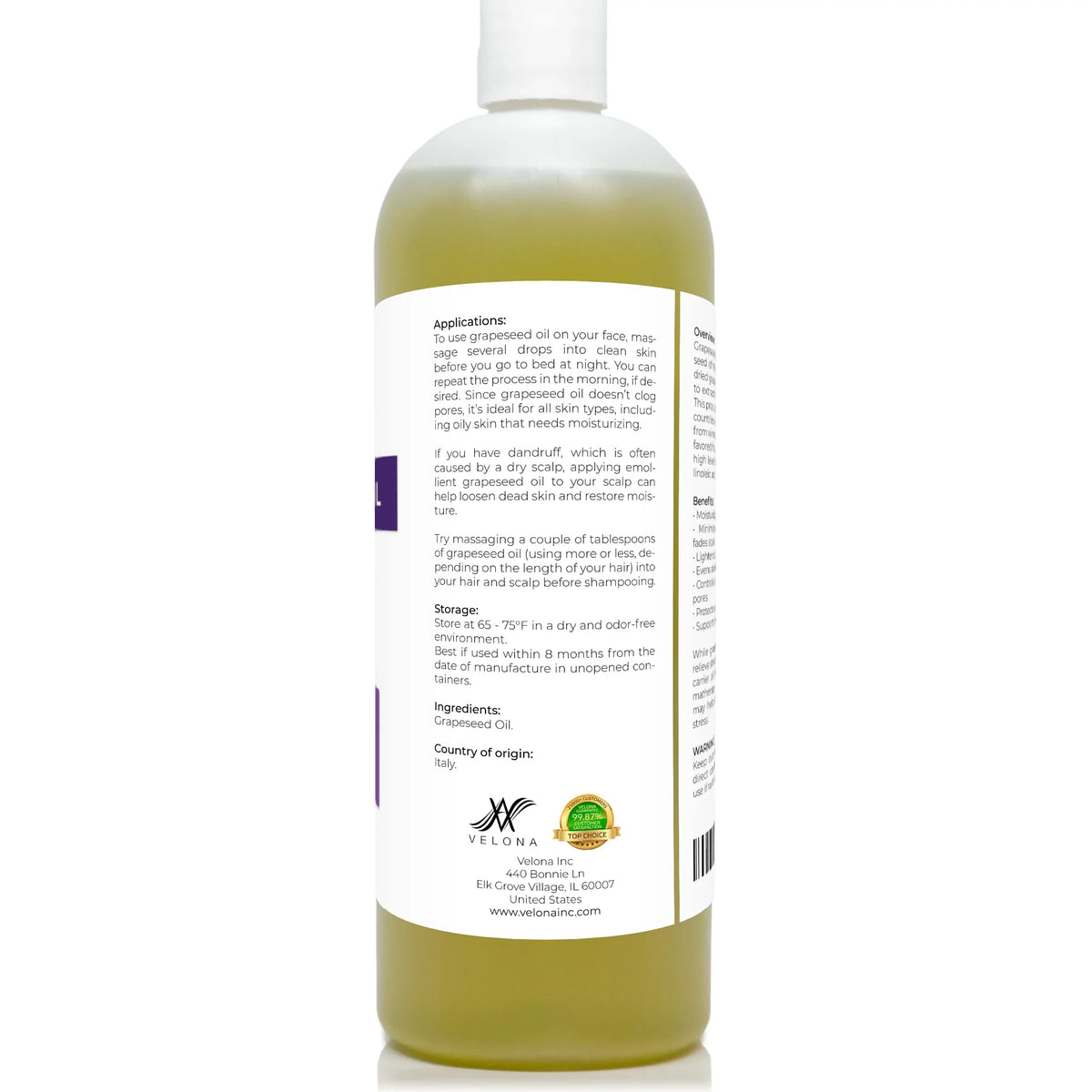 Velona Natural - Body, oz | Face, 32 | 100% Grapeseed Carrier pressed Skin, | Refined, and Cold Hair Care Oil Oil Pure Cooking,