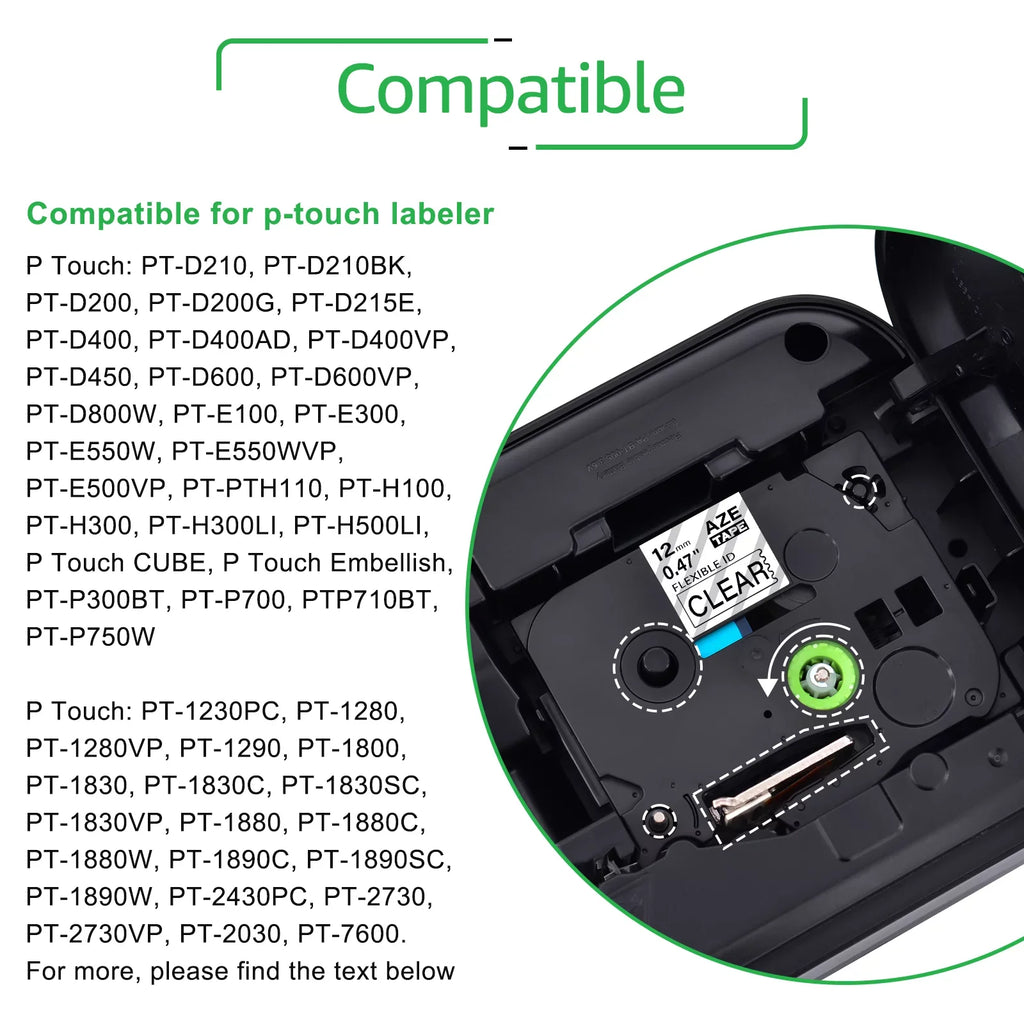 Cable 8m TZ-FX131 Wire Clear TZ on TZe-FX131 12mm TZe-131 for TZe Brother P-touch GREENCYCLE Compatible Flexible Label Tape 50PK TZ-131 x ID Black