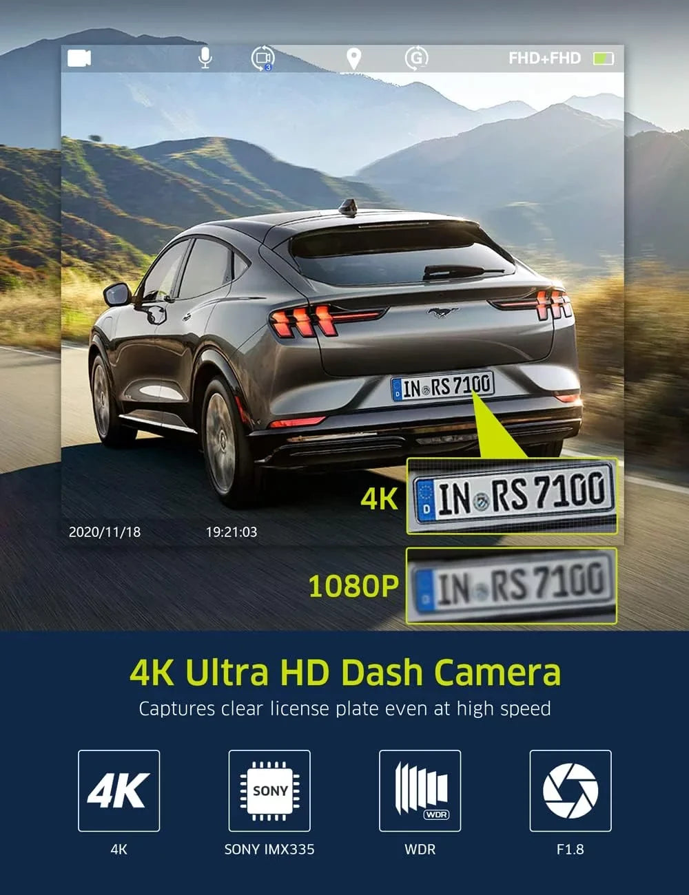 WiFi Vision Card Car GPS TOGUARD IR Cam, UHD Camera and Night Inside 4K Dash Dash Camera with Front 64GB