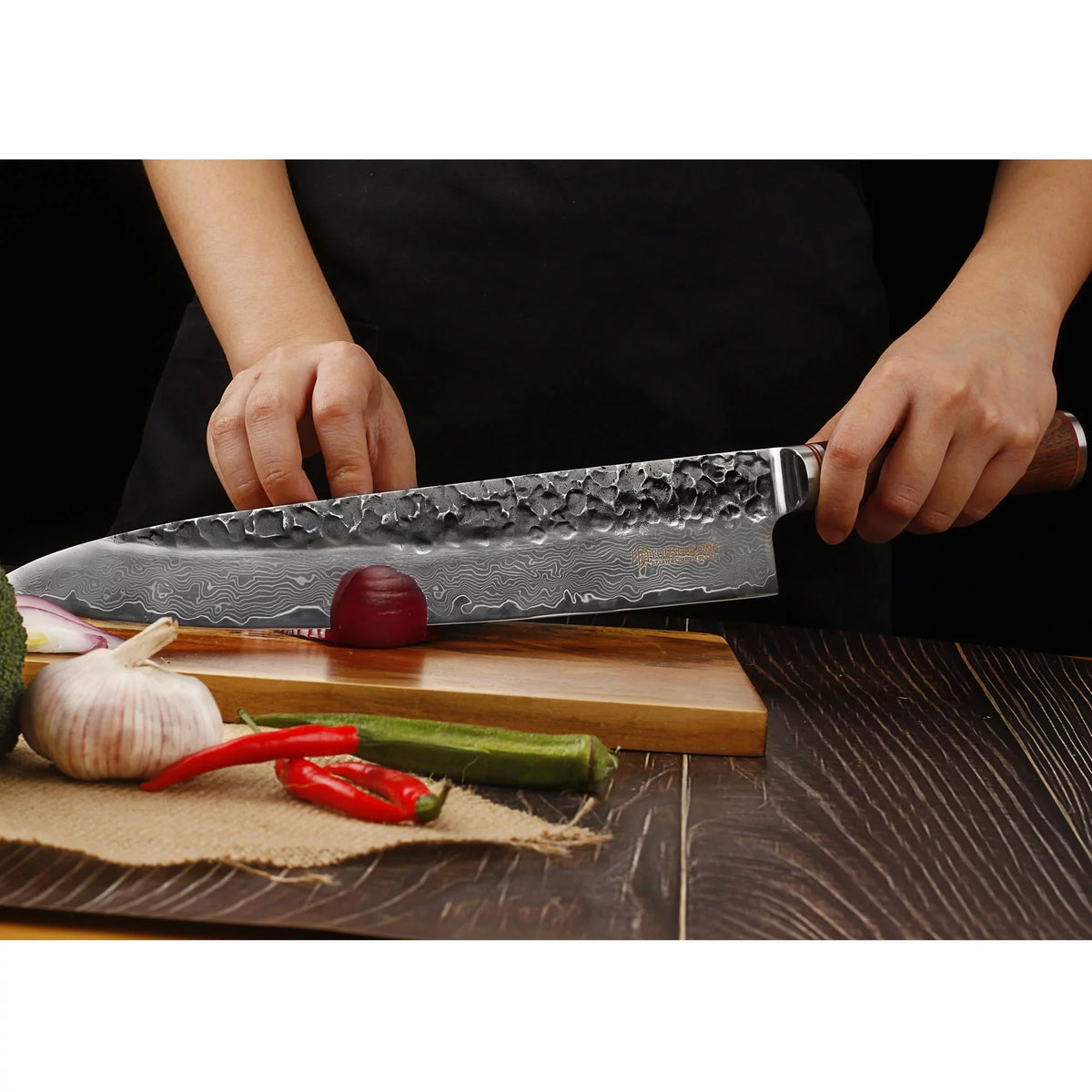 Wooden Sheath Leather inch Walnut Handle Knife YOUSUNLONG 12 Japanese Damascus Hammered Pro Steel Chef with - Gyuto Natural