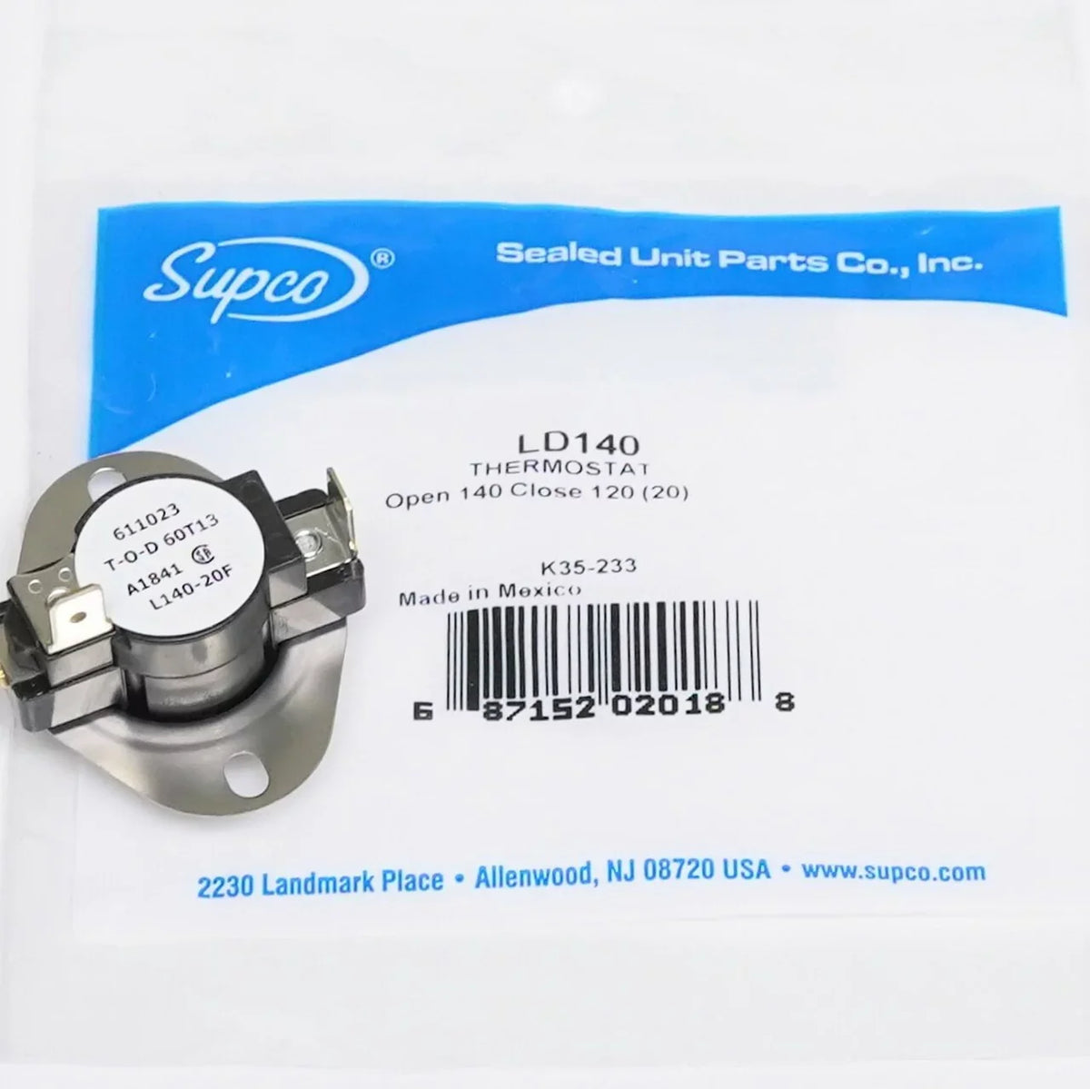 Open Heater Supco 3 Thermostat LD140-20 Limit Supco Wire LD140 Thermodisc Rise On