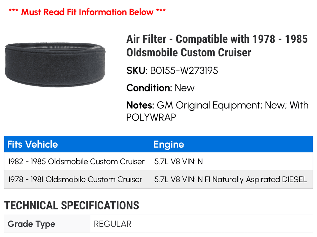 1985 Custom Filter 1984 Compatible Oldsmobile Air Cruiser 1980 1983 1978 - 1981 1979 with 1982 -