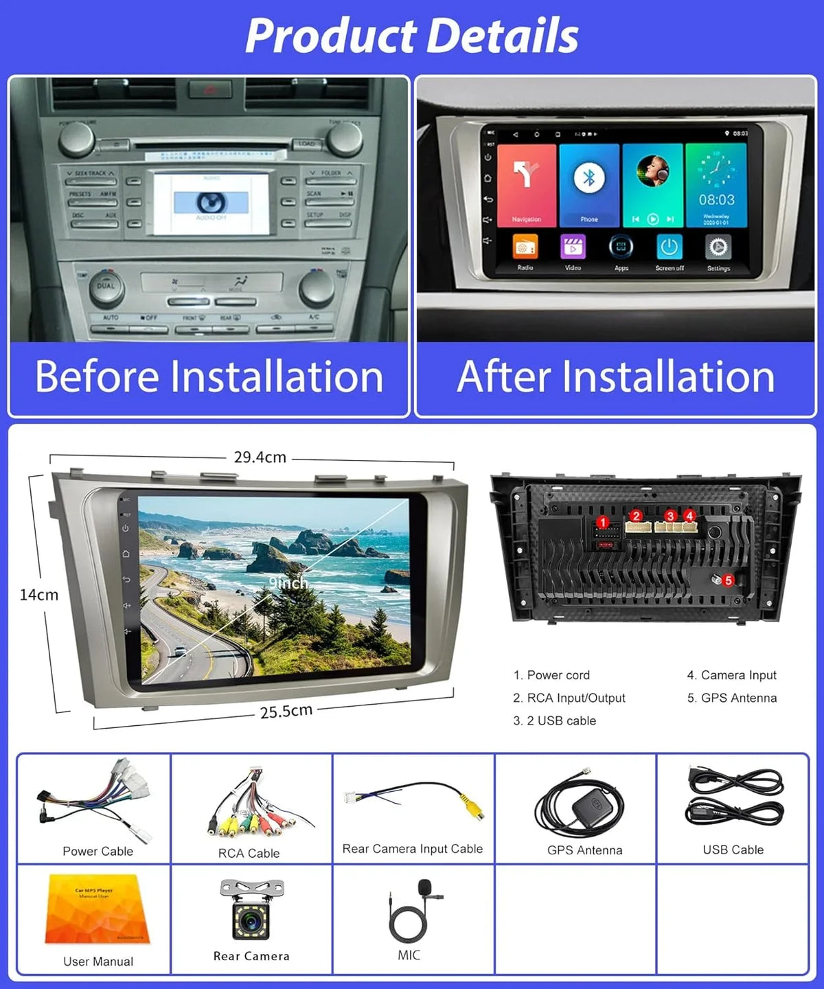Radio Carplay FM SWC Auto Stereo 2G+32G Camry USB THONZER GPS WiFi Android 9 Camry Inch + Camera Radio Car Navigation Bluetooth Touch for Screen Android Backup 2006-2011, Car