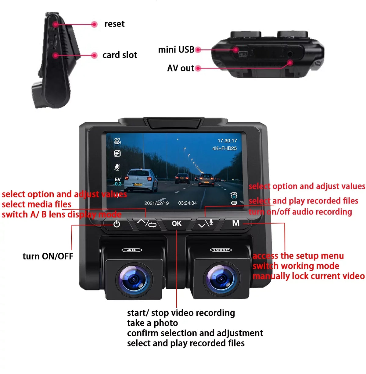 Full Dash TOGUARD Black HD LCD Camera 3" and Car Dashboard Dual Dash Cams 1080P+1080P Inside Camera Cam, Front