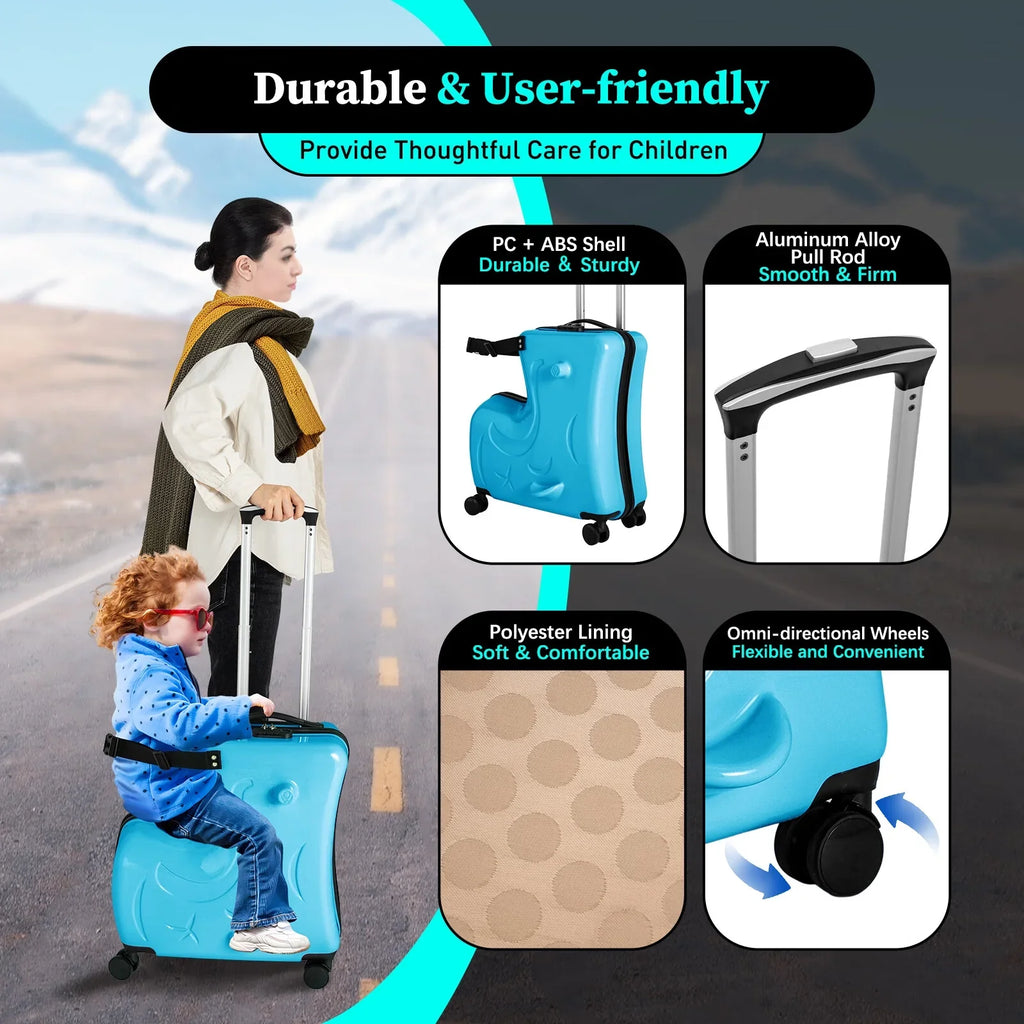 Horse Blue Kids 20" Kids Travel Shape Spinner Suitcase, Wheels Luggage Ride Trolley Suitcase AIQIDI Portable On