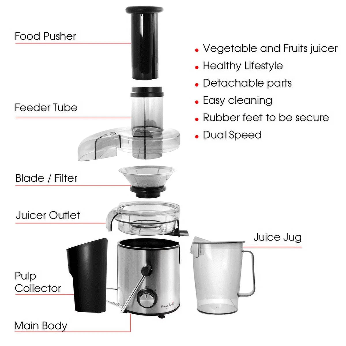 Juicer, With Silver Centrifugal Wide-Mouth Dual-Speed Juice Machine Megachef