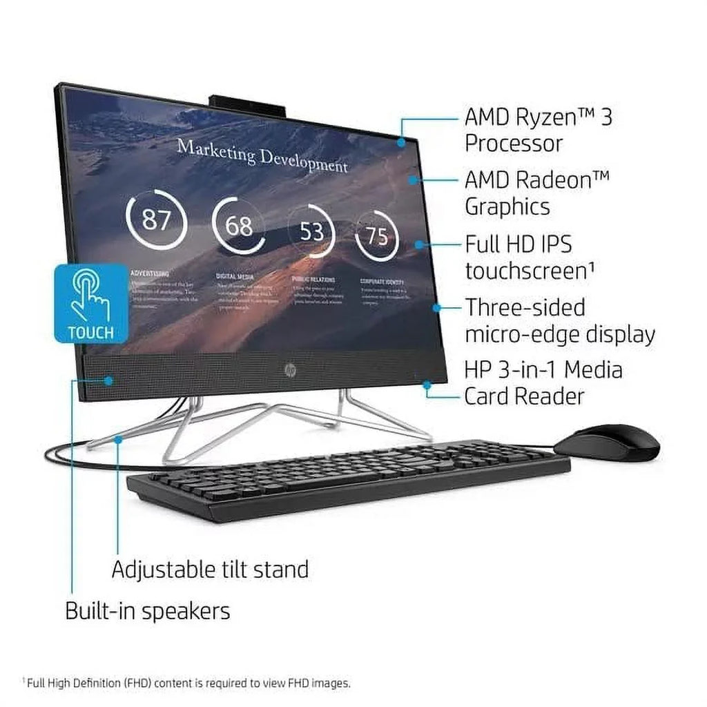 Home, All-in-One RJ-45, Newest Keyboard&Mouse, 12GB HDMI, Screen, Windows Desktop, Touch FHD 22" Webcam, 3250U, SSD, Wired USB 2022 3 AMD DVD-RW, 512GB RAM, Black HP 11 Ryzen WiFi,