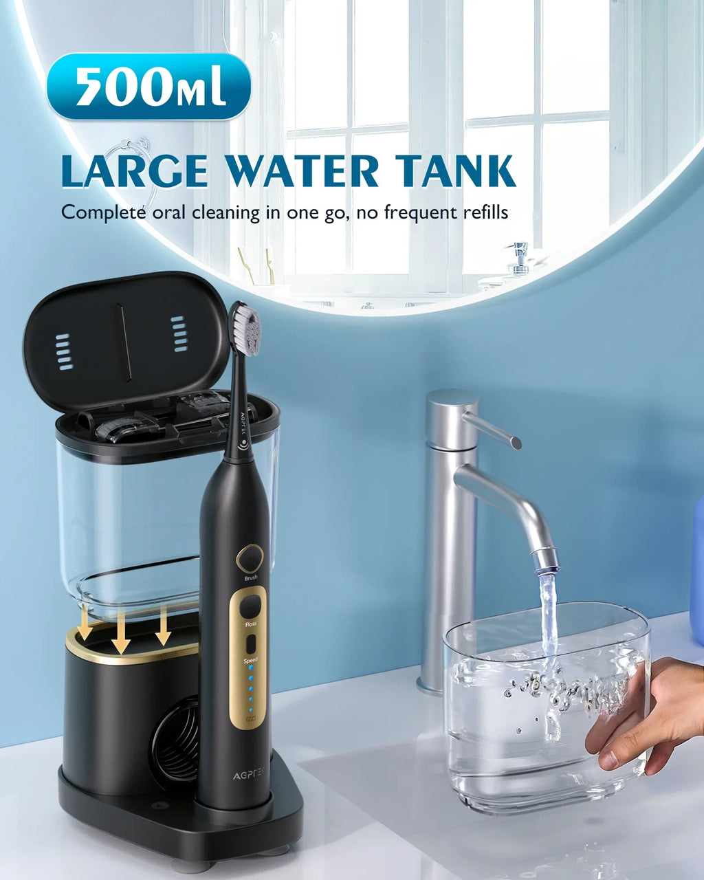Days - for Levels liquid Flosser 5 AGPTEK in & Electric 500ML, Gums, and 2 Toothbrush liquid Life, Battery 14 Braces Sonic IPX7 with Flosser Combo, Waterproof Teeth, Cordless Toothbrush 1