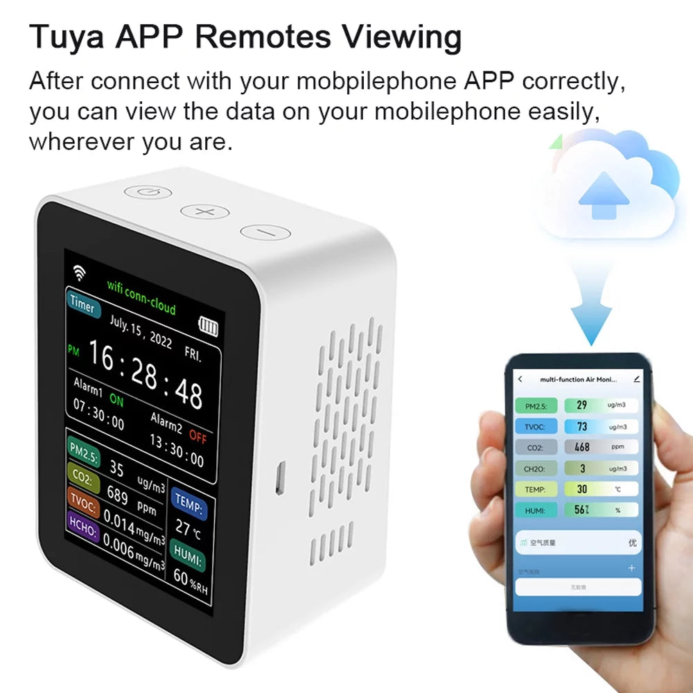 Wifi App Co2 Alarm grade Viewing Intelligent Sets Time Display Mobilephone Week 6 Date Temperature Desk Remotes Indoor 2 1 In Home Tvoc Air Clock Detector Hcho Detector Pm2.5 Humidity