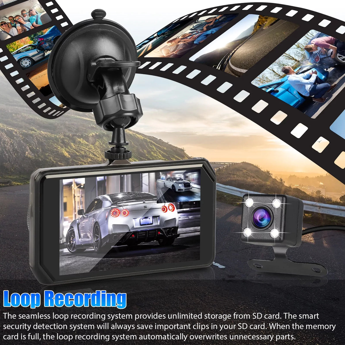 Night Wide Vision, Car 1080P Driving with Angle, Dual Dashboard with and Dash 170° G-Sensor/ Cam, Recorder DVR Dual Dash IPS 480P Car Lens Camera Detection Motion EEEkit Front Rear 4inch Display,