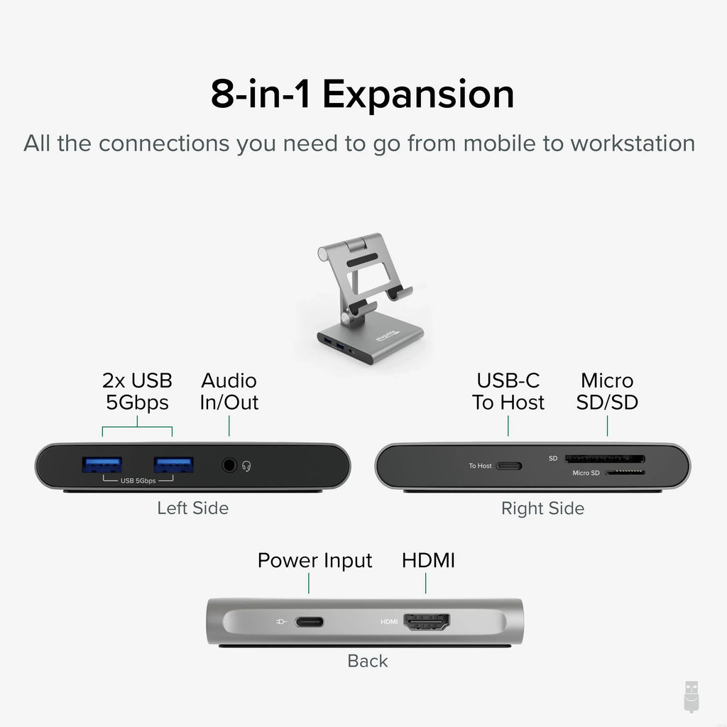 100W 8-in-1 Windows, iPad USB-C Phones, with USB for USB-C Charging Pass-through C iPadOS, and USB, Station Tablets HDMI, Docking Compatible 1x Plugable Stand, SD, Audio, and 2x with Hub,